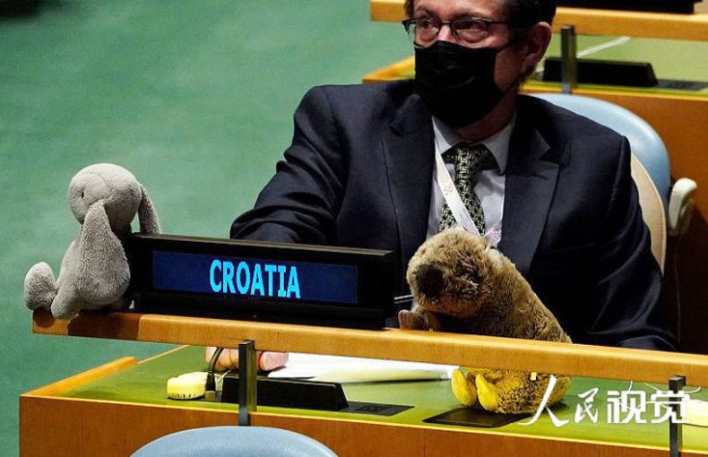 There are plush toys on the tables of representatives from various countries