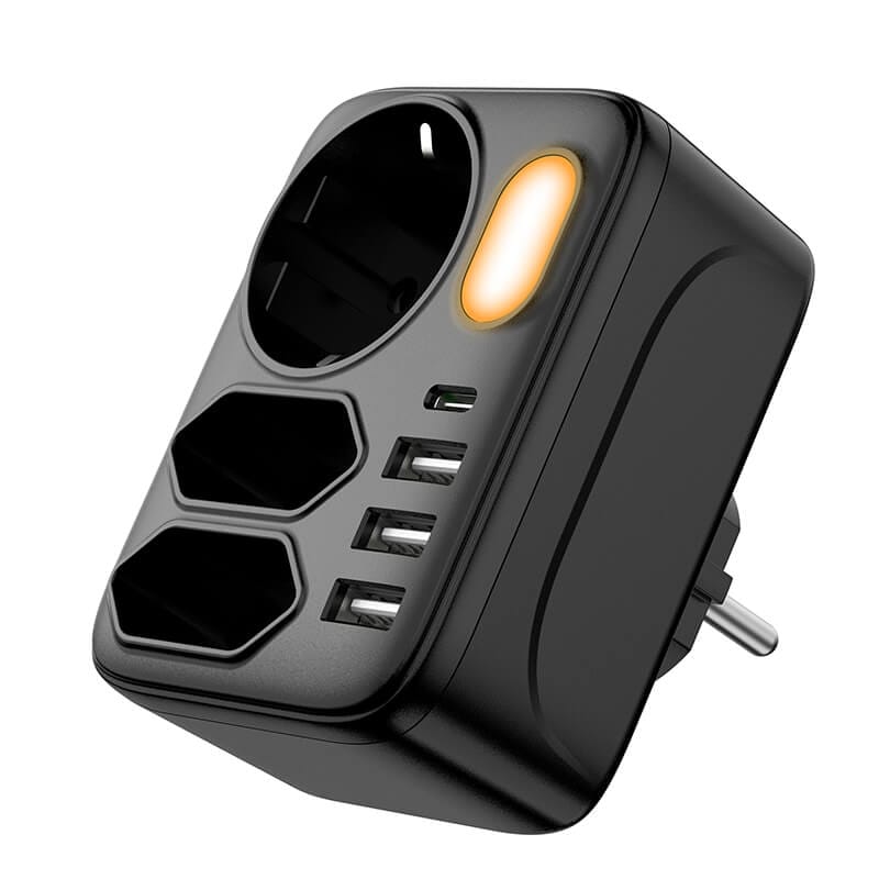EU Standard Wall Extension Sockets with Night Light and 4 USB Ports 2 Black EU standard wall extension plug with 3 USB