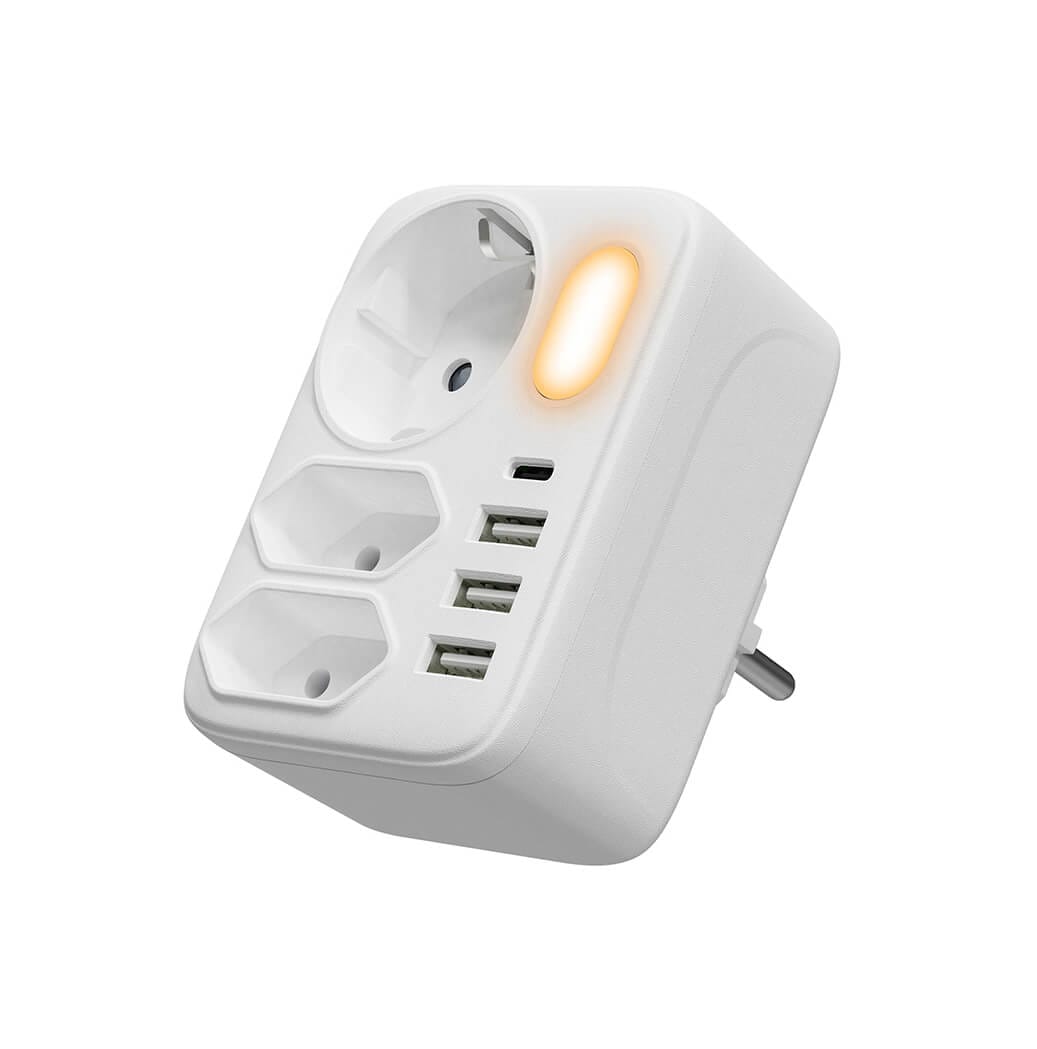 EU Standard Wall Extension Sockets with Night Light and 4 USB Ports 1 EU standard wall extension sockets white