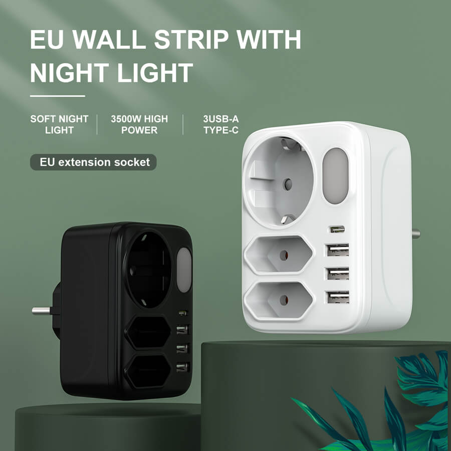 EU Standard Wall Extension Sockets with Night Light and 4 USB Ports 3 EU wall strip with night light
