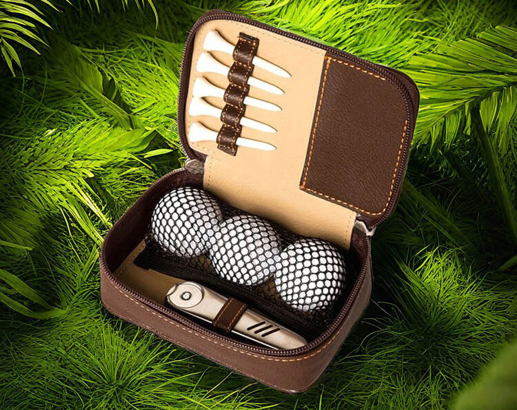 Golf Promotional Items Leather 3 Balls Golf Tee Set
