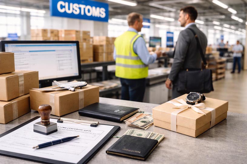 Customs clearance for custom corporate gifts in an active customs inspection area