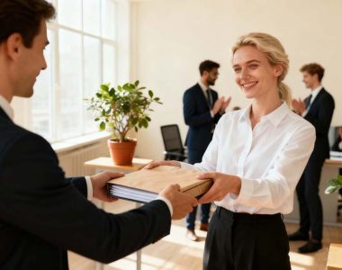 Employee Onboarding Kits New Hire Receiving a Welcome Package in a Corporate Office