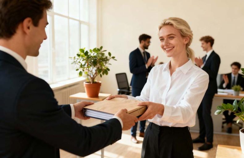Employee Onboarding Kits New Hire Receiving a Welcome Package in a Corporate Office