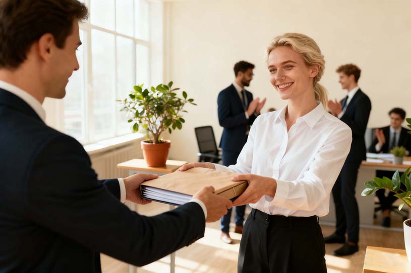 Employee Onboarding Kits New Hire Receiving a Welcome Package in a Corporate Office