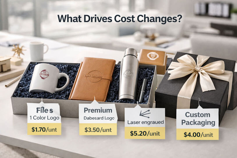 Corporate gift order costs impacted by logo methods and product selection