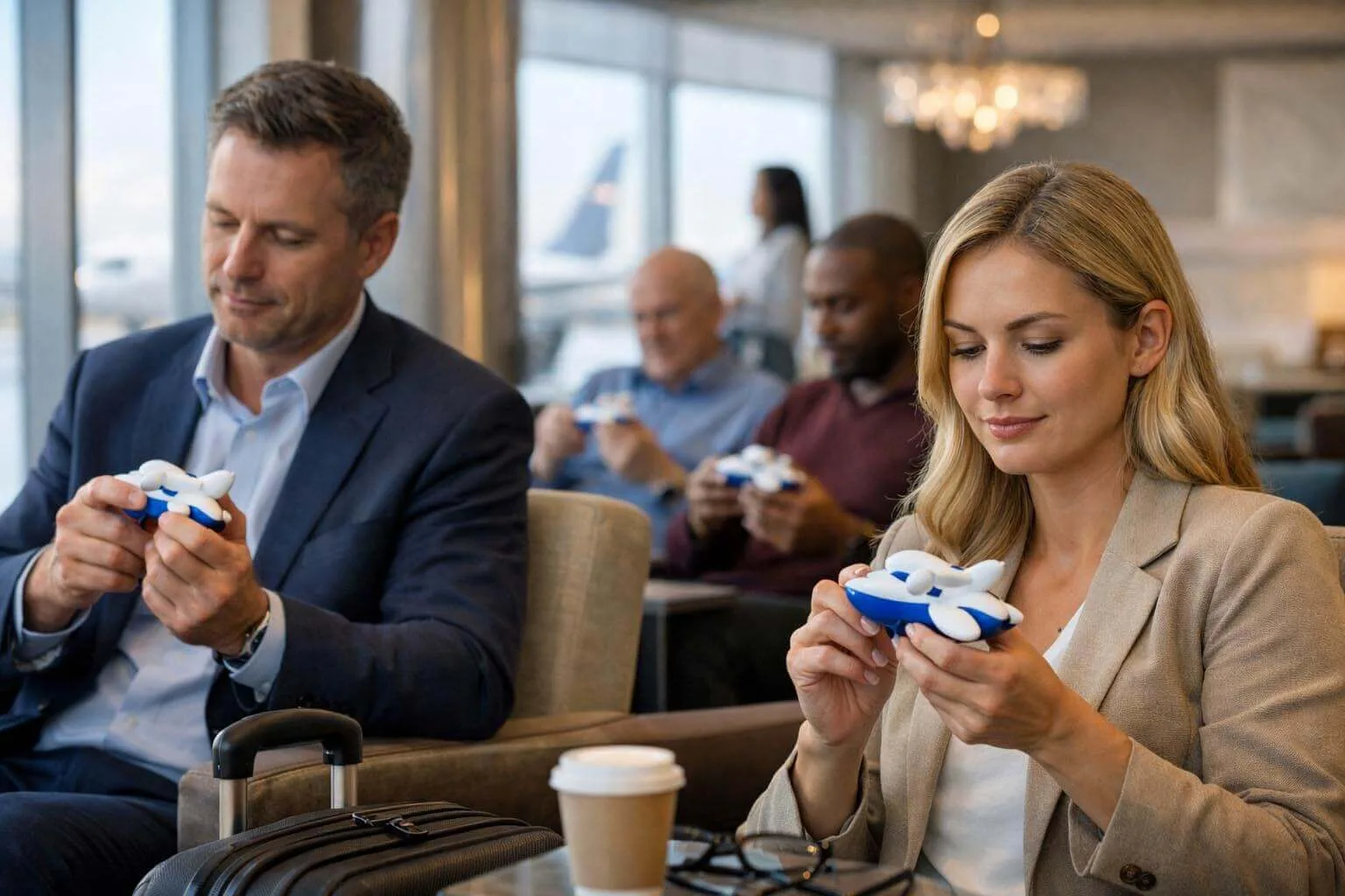 Airplane Stress Toy in Premium Airport Lounge Marketing Scene