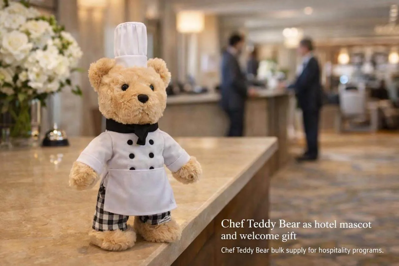 Charming Chef Teddy Bear Bulk Supply for Hotels and Hospitality Programs 5 Chef Teddy Bear Displayed as Hotel Mascot on Reception Counter
