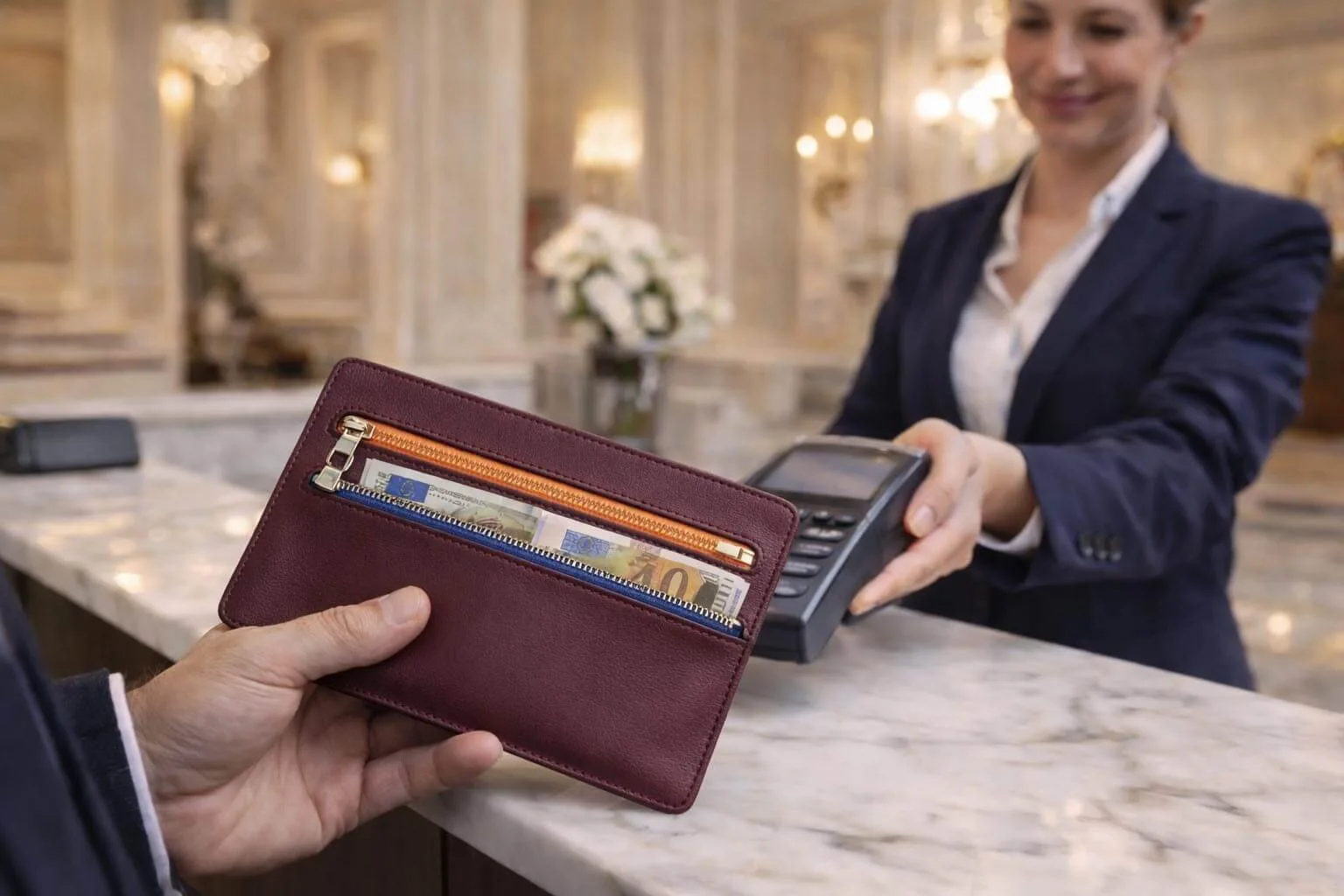Coin Leather Purse Used at Hotel Reception for International Travel Payments
