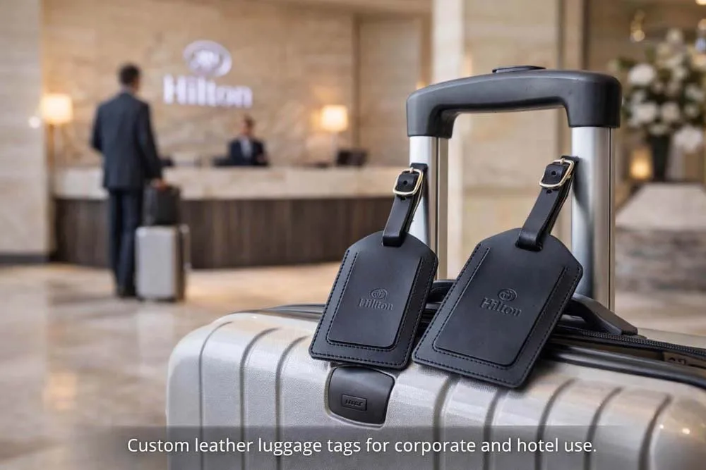 Custom Leather Luggage Tags in Hilton Hotel Travel Scene – Elegant Corporate Gift for Business Travelers