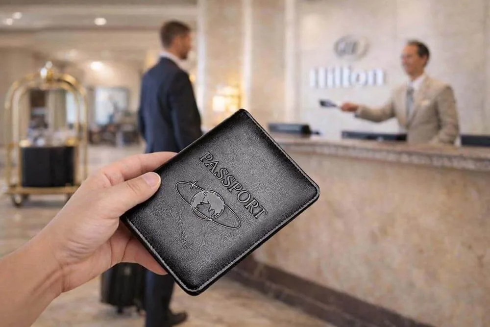 Leather Passport Cover Used by Business Traveler at Luxury Hotel Reception