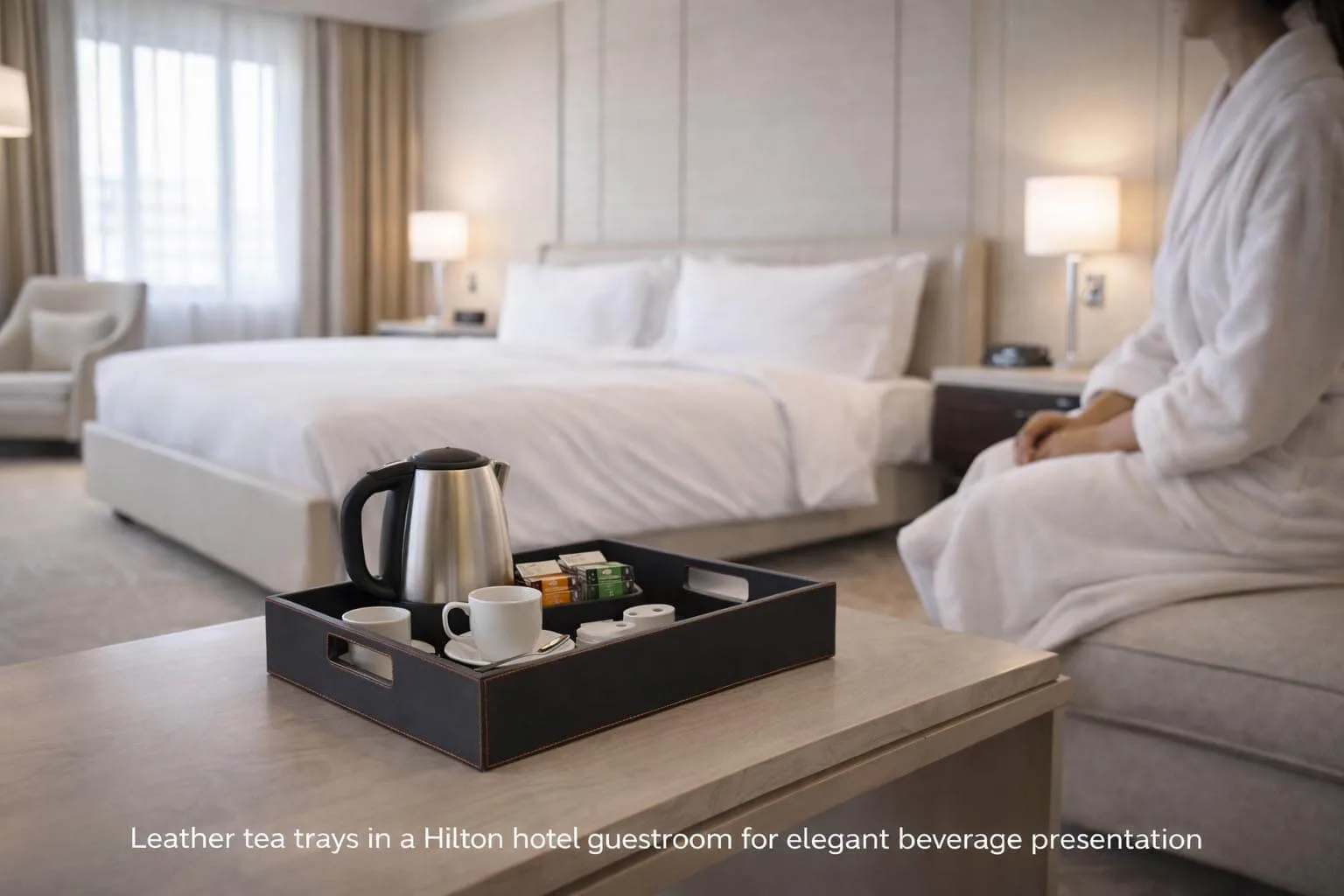 Leather tea trays for elegant hotel guestroom coffee and tea service
