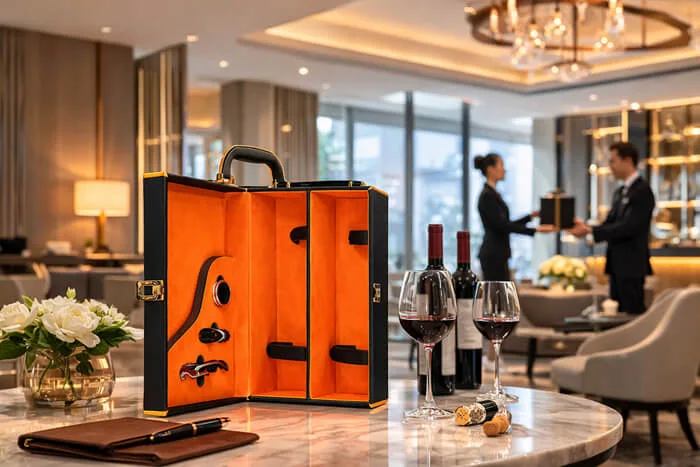 Leather Wine Box Custom Luxury Wine Gift Box for Corporate Gifts Powerful Presentation 6 Leather wine box corporate hotel gift presentation scene