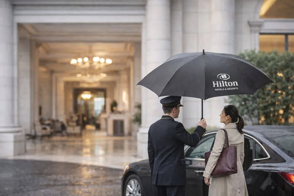 Offering hotel umbrella, a heartwarming moment of welcoming guests in the rain