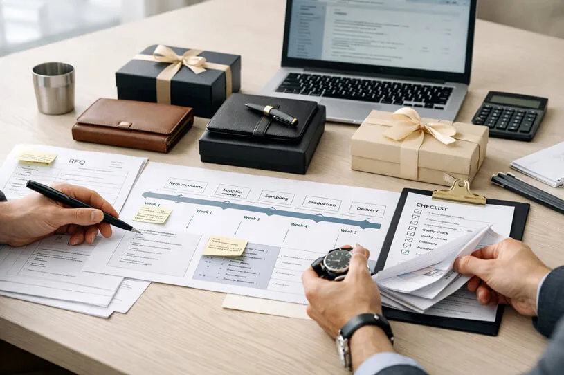 Corporate Gift Procurement Process in Action with Workflow Planning and Product Samples